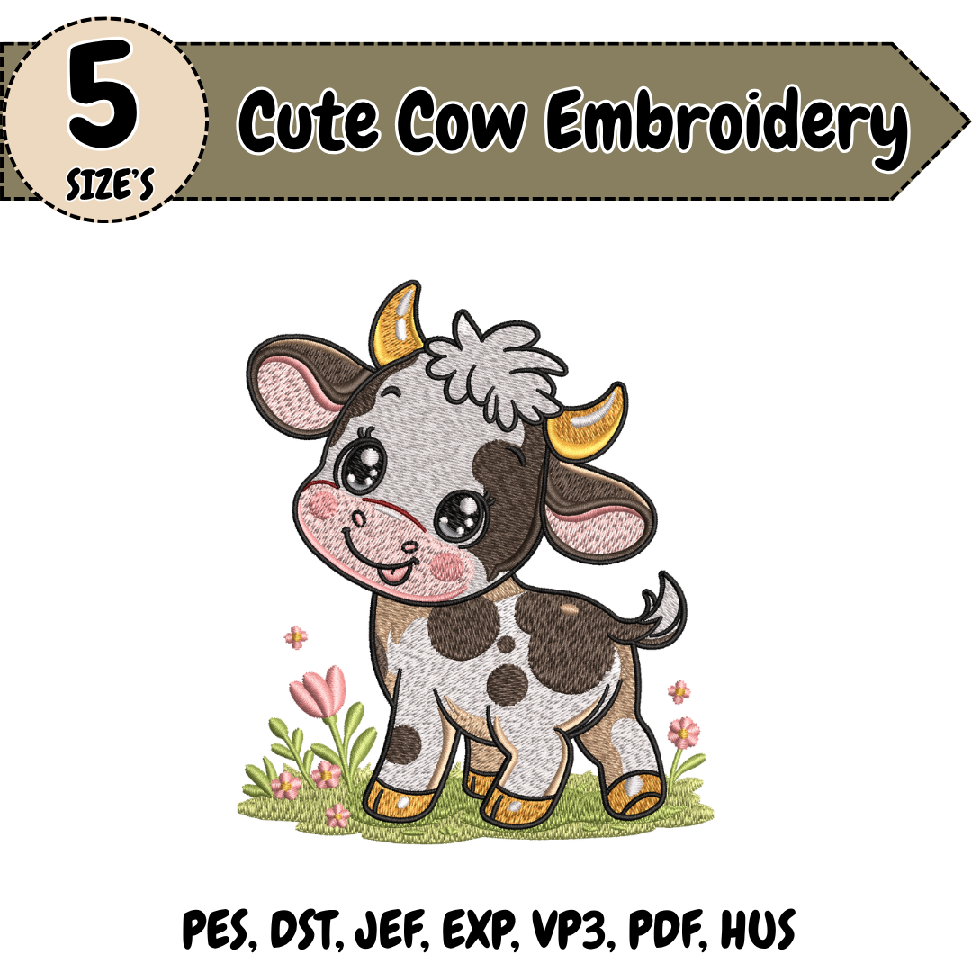 Cute Cow Embroidery Design, Farm Animal Machine Embroidery File, Cow Nursery Farmhouse Design