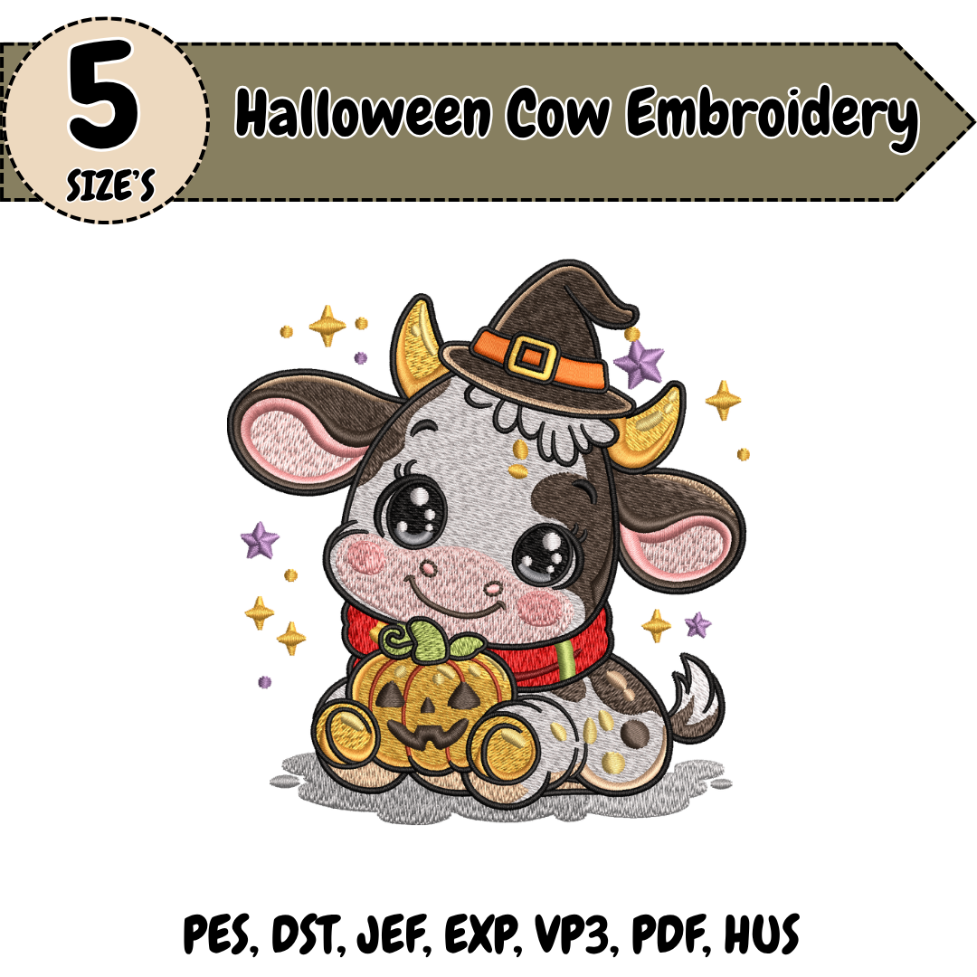 Halloween Cow Embroidery Design, Cute Cow Machine Stitch File, Witch Hat Pumpkin Fall Design