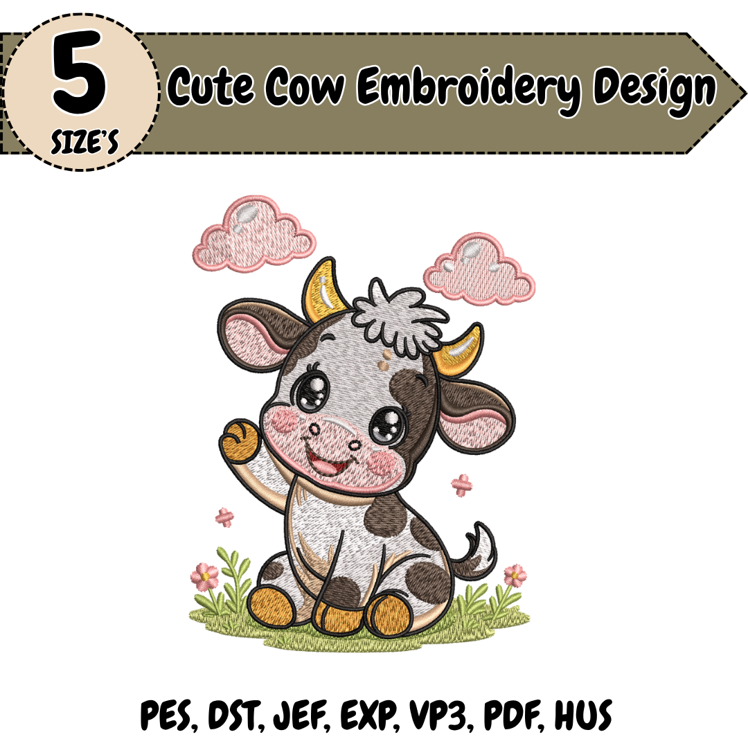 Cute Cow Embroidery Design, Farm Animal Machine Embroidery File, Cow Nursery Farmhouse Design