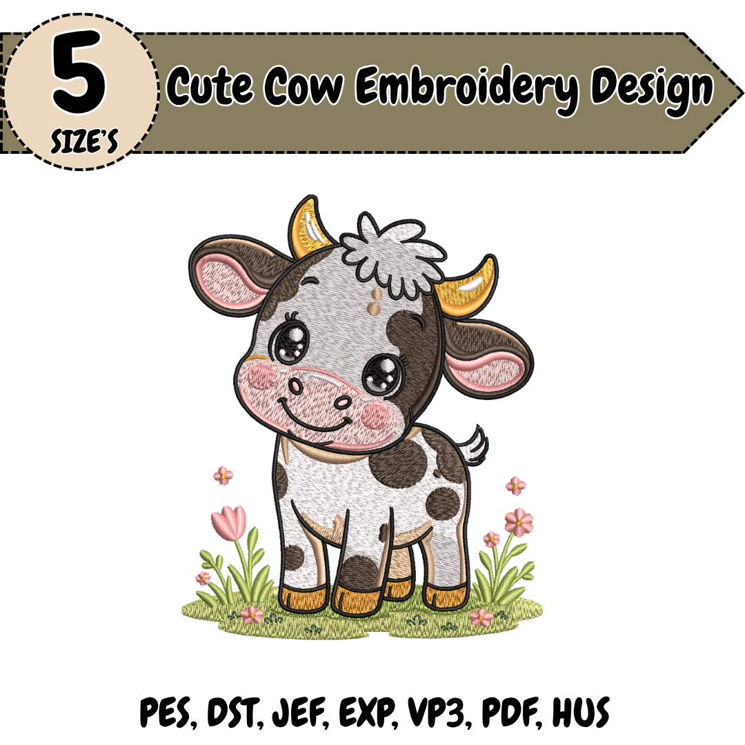 Cute Cow Embroidery Design, Farm Animal Machine Embroidery File, Cow Nursery Farmhouse Design