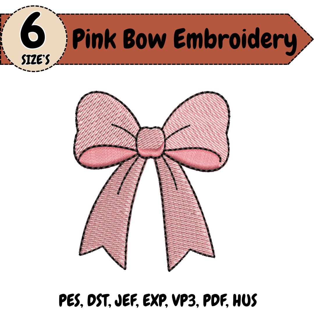 Pink Bow Embroidery Design, Cute Ribbon Machine Stitch File (Digital Download)