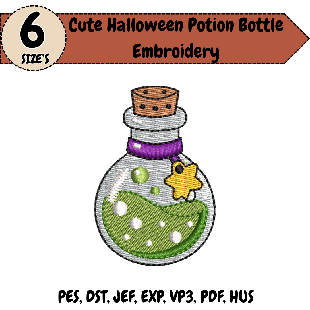 Cute Halloween Potion Bottle Embroidery Design, Kawaii Witch Potion Machine Stitch File