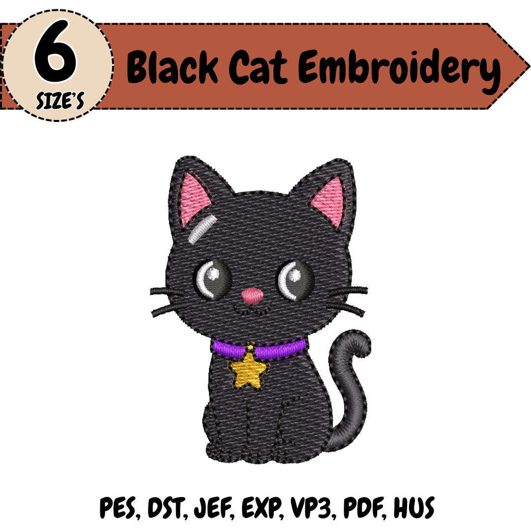 Black Cat Embroidery Design, Cute Halloween Kitty Machine Embroidery File