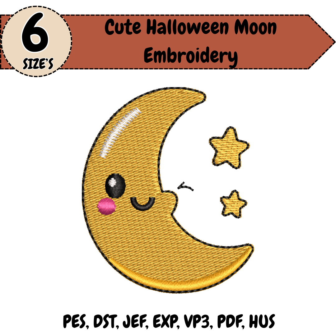 Cute Halloween Moon Embroidery Design, Kawaii Crescent Moon Machine Stitch File