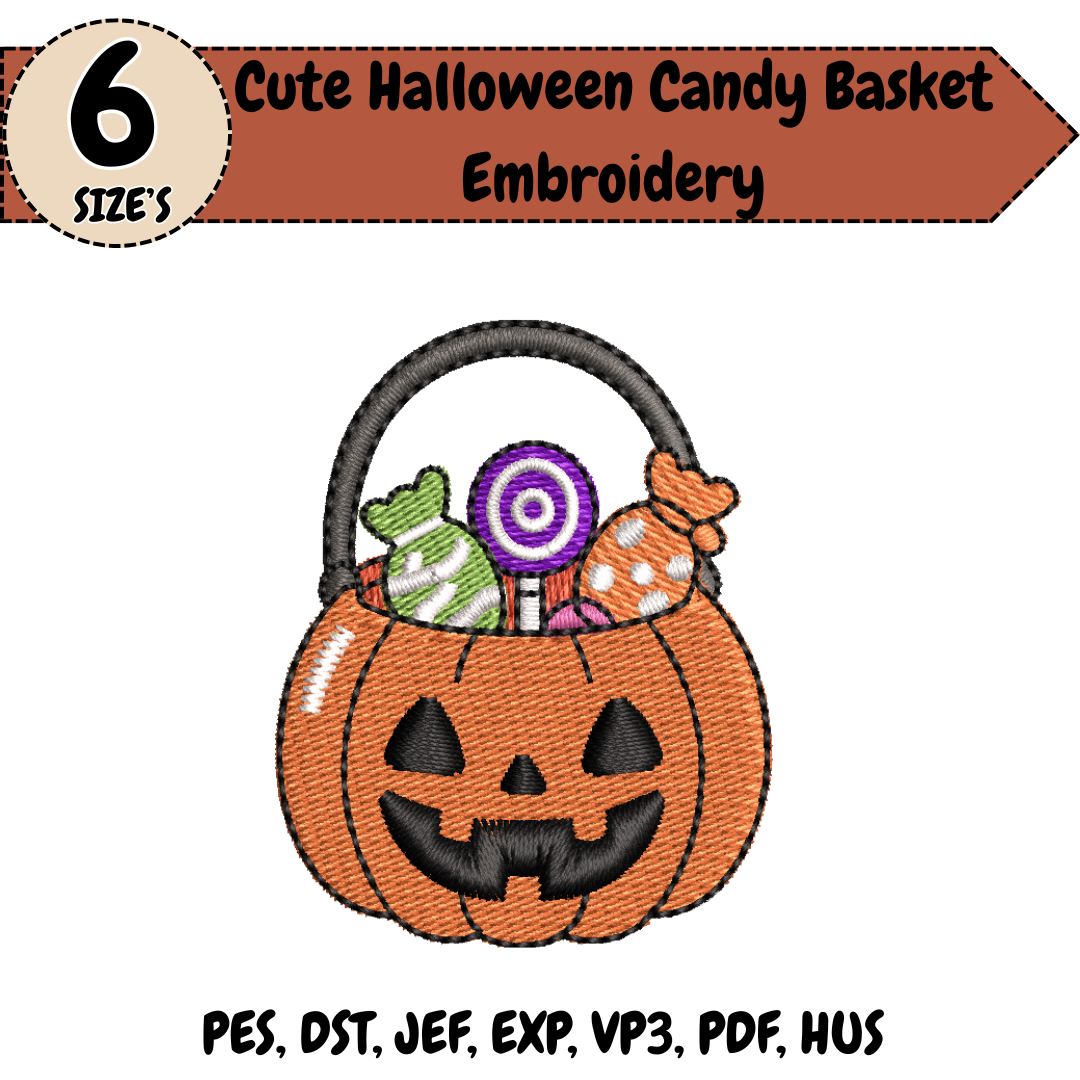 Cute Halloween Candy Basket Embroidery Design, Pumpkin Trick or Treat Machine Stitch File