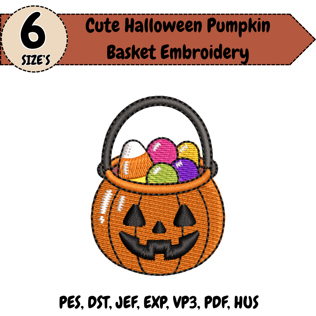 Cute Halloween Pumpkin Basket Embroidery Design, Candy Trick or Treat Machine Embroidery File