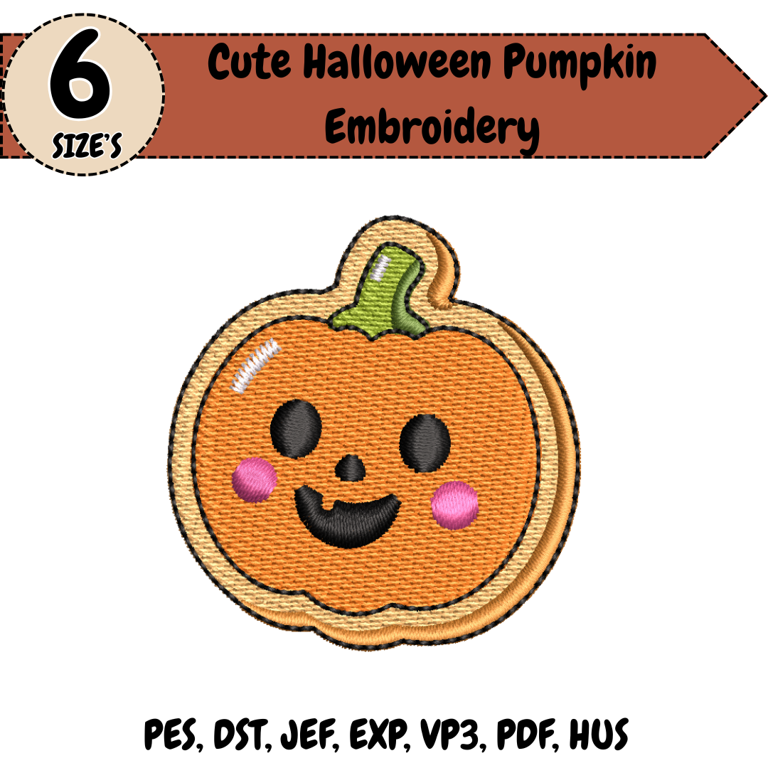Cute Halloween Pumpkin Embroidery Design, Kawaii Jack O Lantern Machine Stitch File