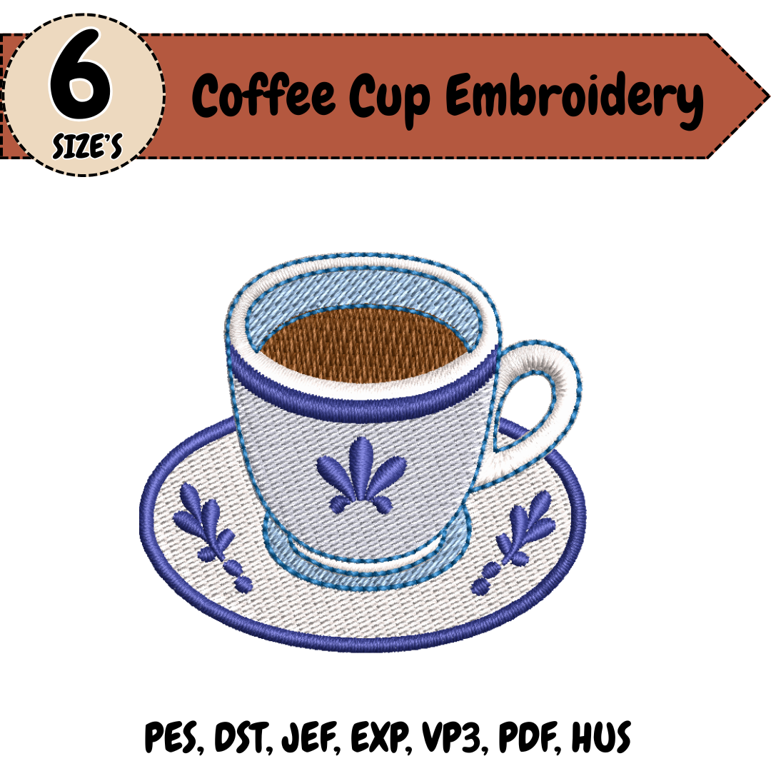 Coffee Cup Embroidery Design, Cute Coffee Mug & Saucer Machine Stitch File, Café Design