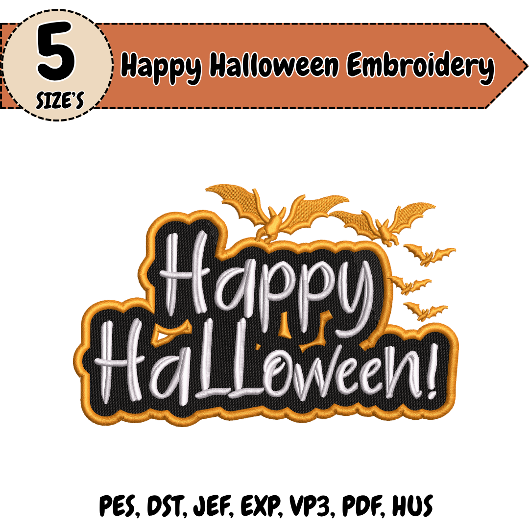 Happy Halloween Embroidery Design, Bat Machine Embroidery File, Spooky Script Lettering Digital Download
