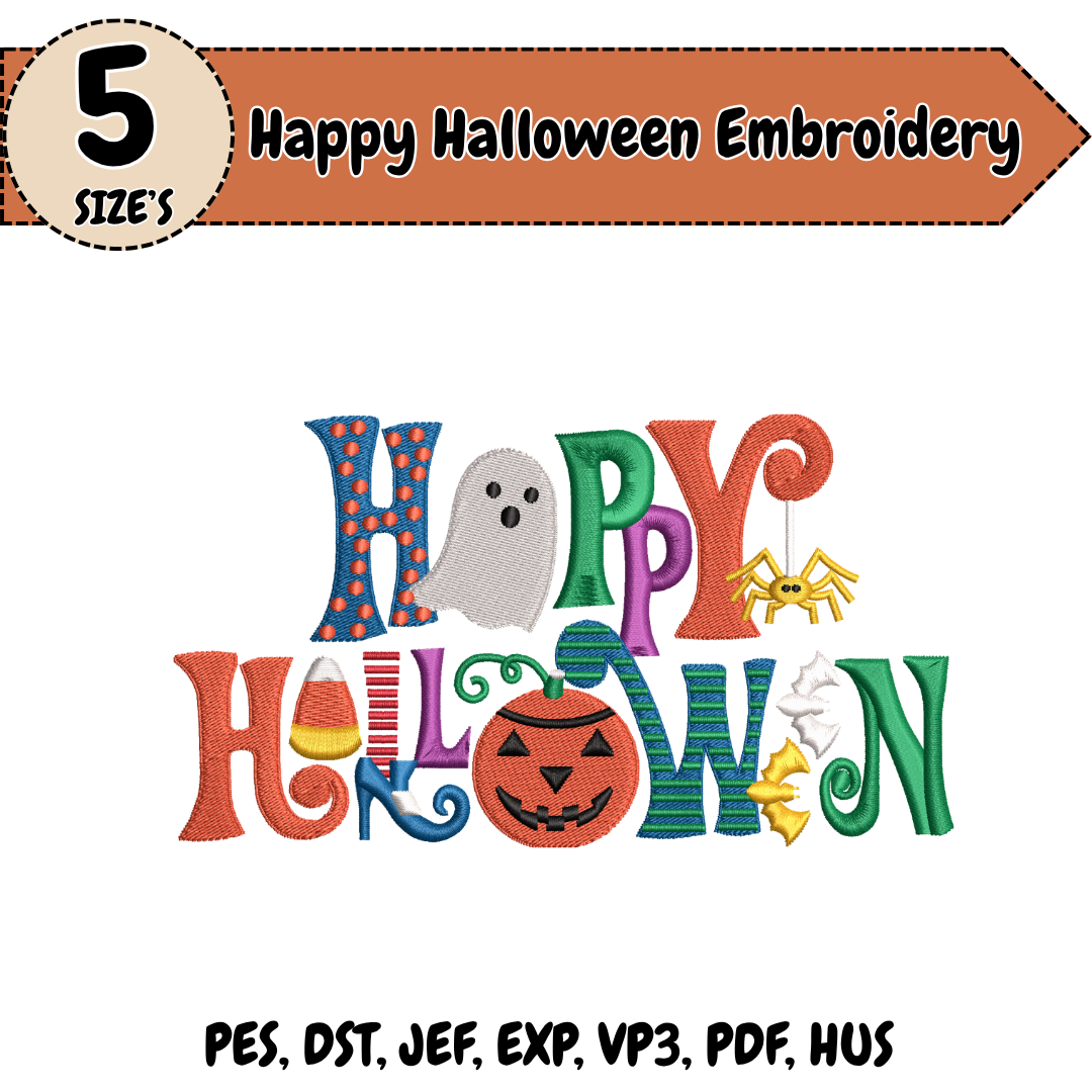 Happy Halloween Embroidery Design, Colorful Halloween Applique Machine Embroidery File, Spooky Digital Download