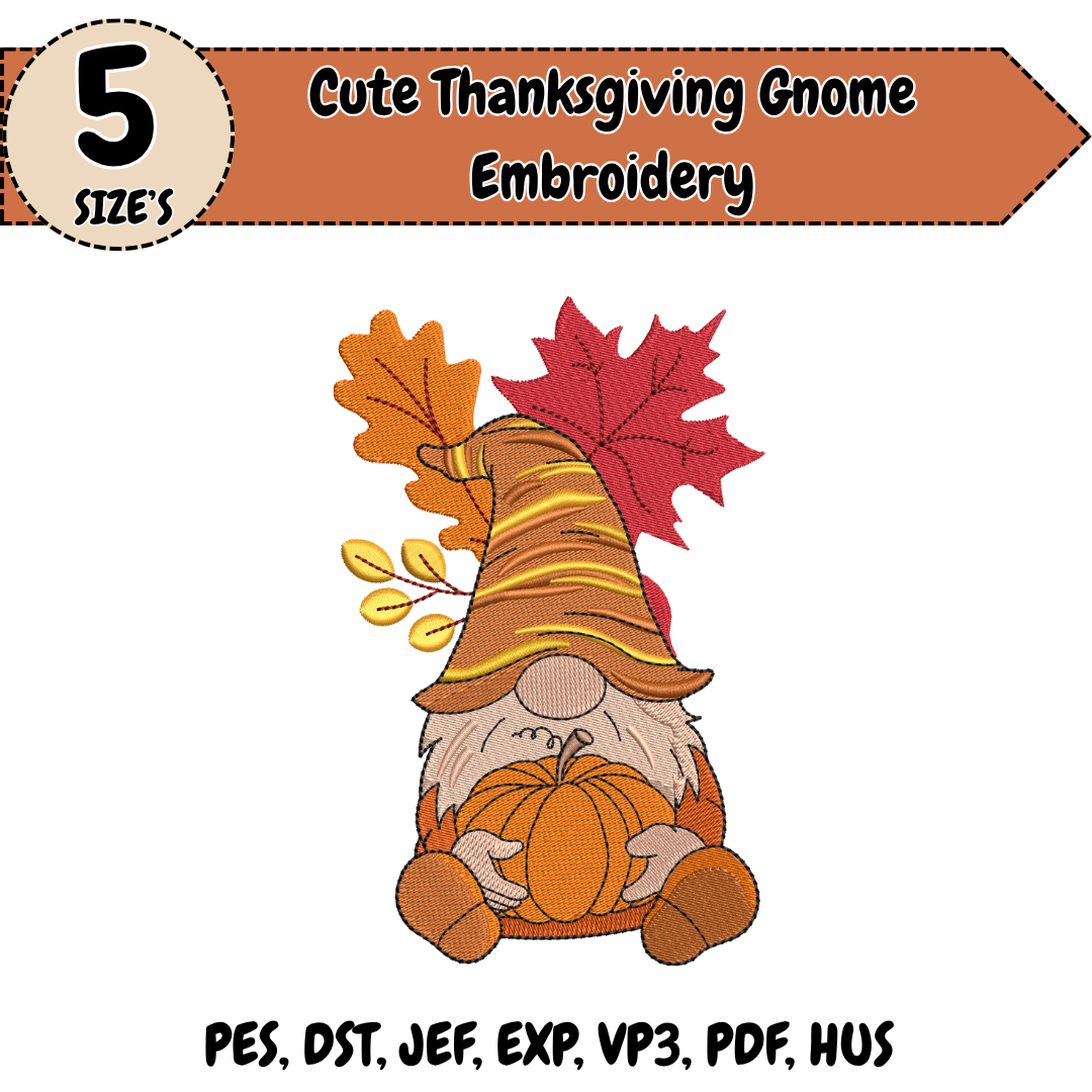 Fall Gnome Embroidery Design, Pumpkin Machine Embroidery File, Autumn Leaves Digital Download